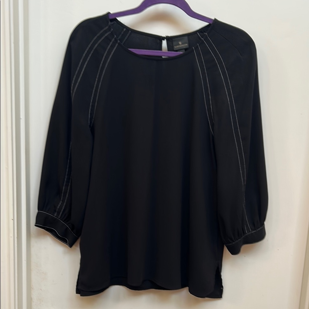Worthington Black Flowy Blouse with White Stitching Quarter Length Sleeves